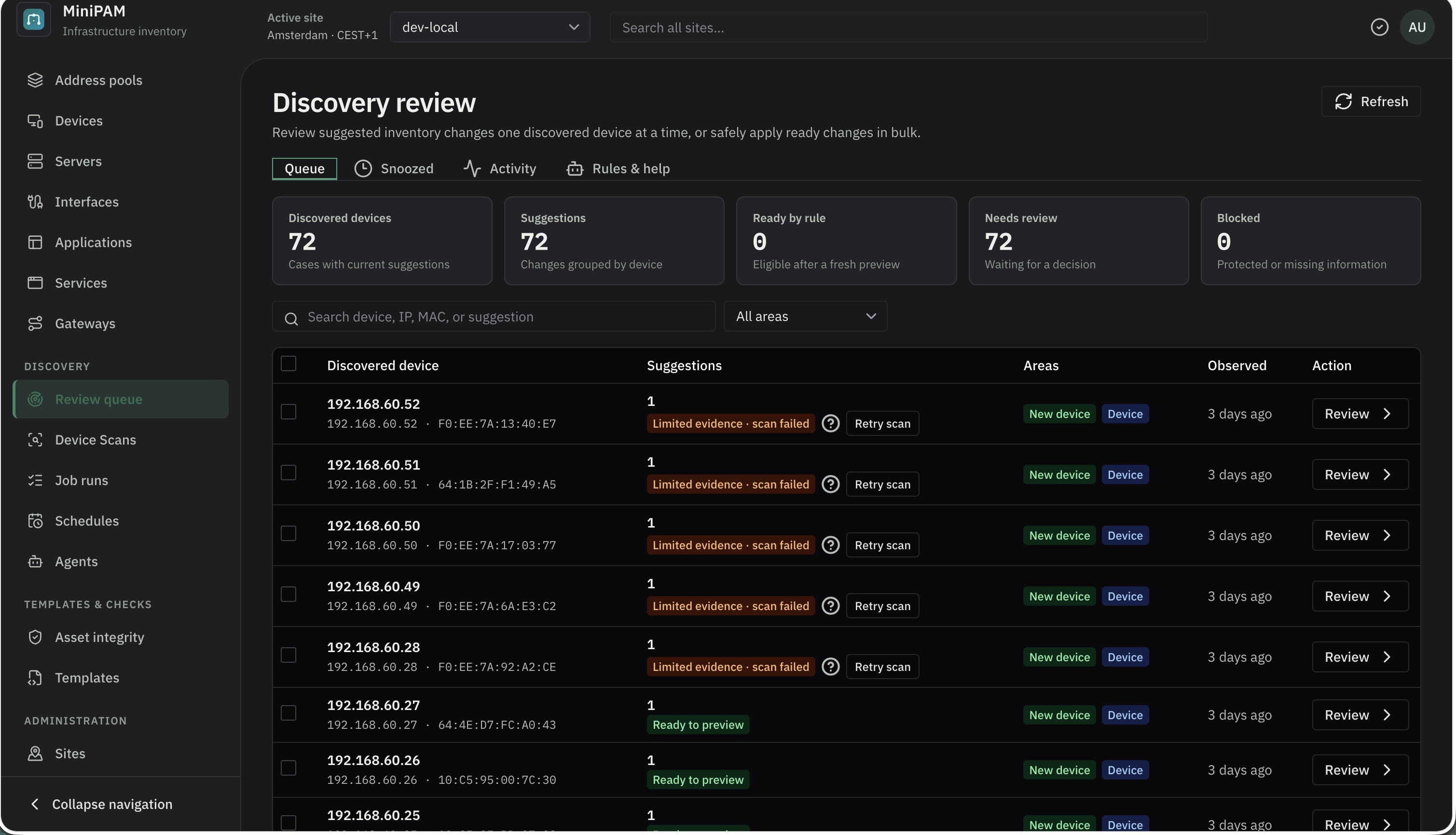 Discovery review queue grouping suggestions by device with readiness and evidence warnings