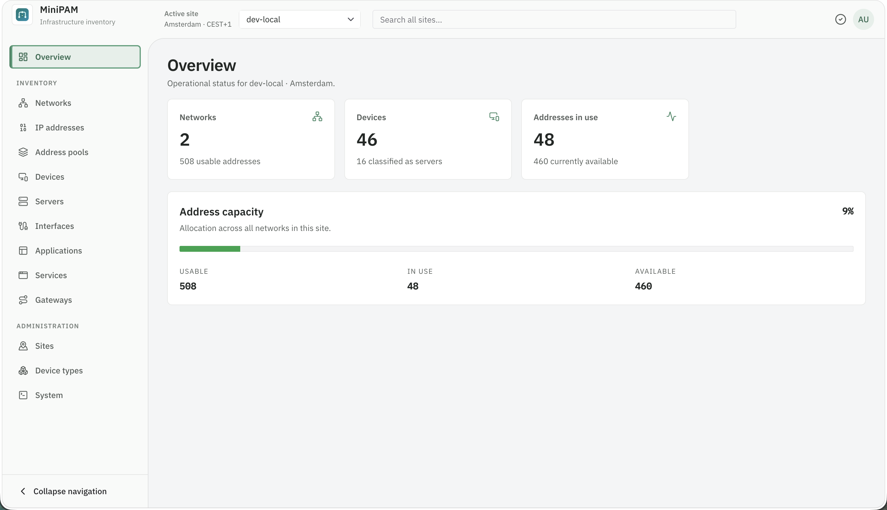 MiniPAM overview showing networks, devices, addresses, and capacity for one site