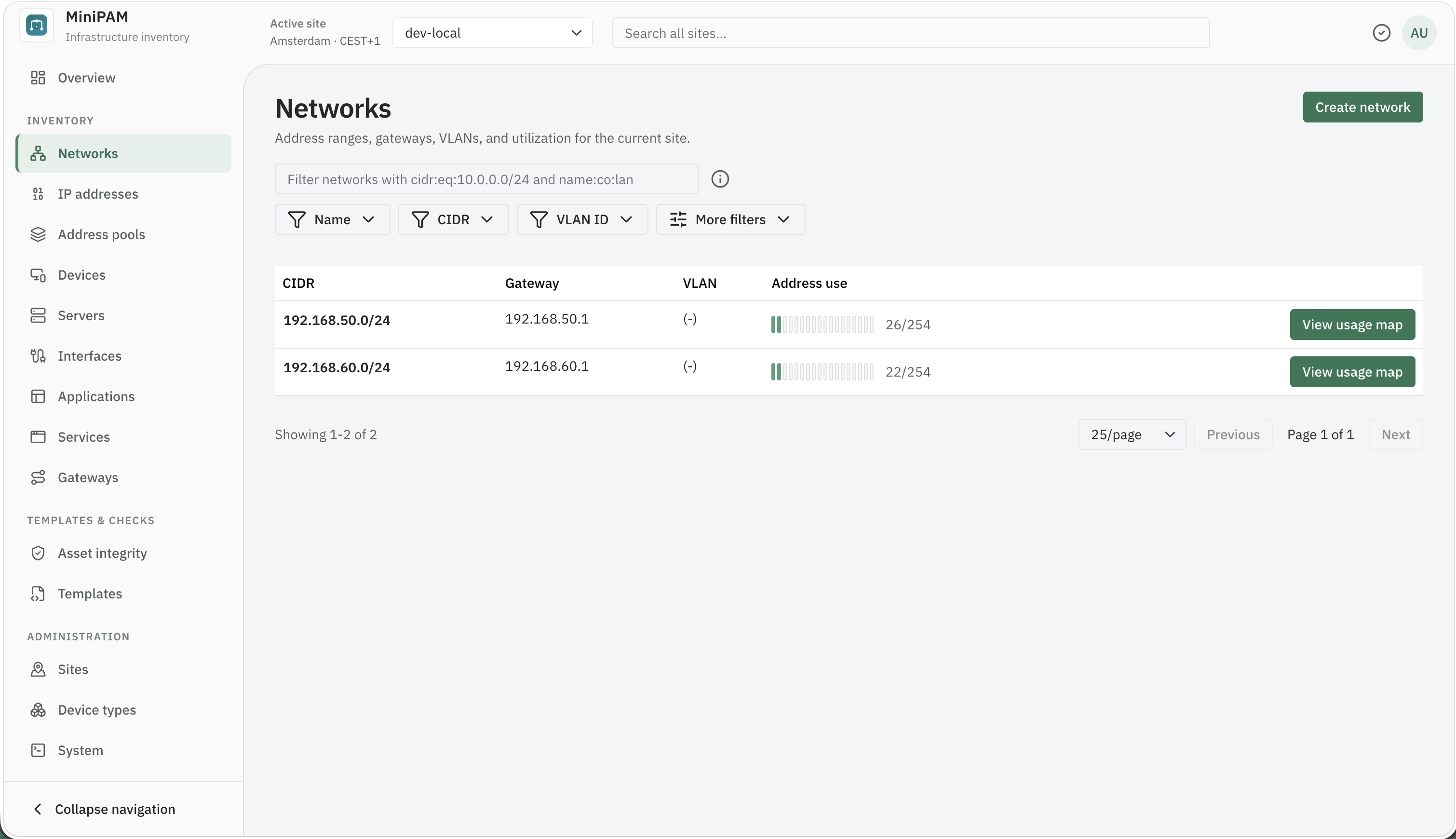 MiniPAM network directory showing CIDRs, gateways, and address usage