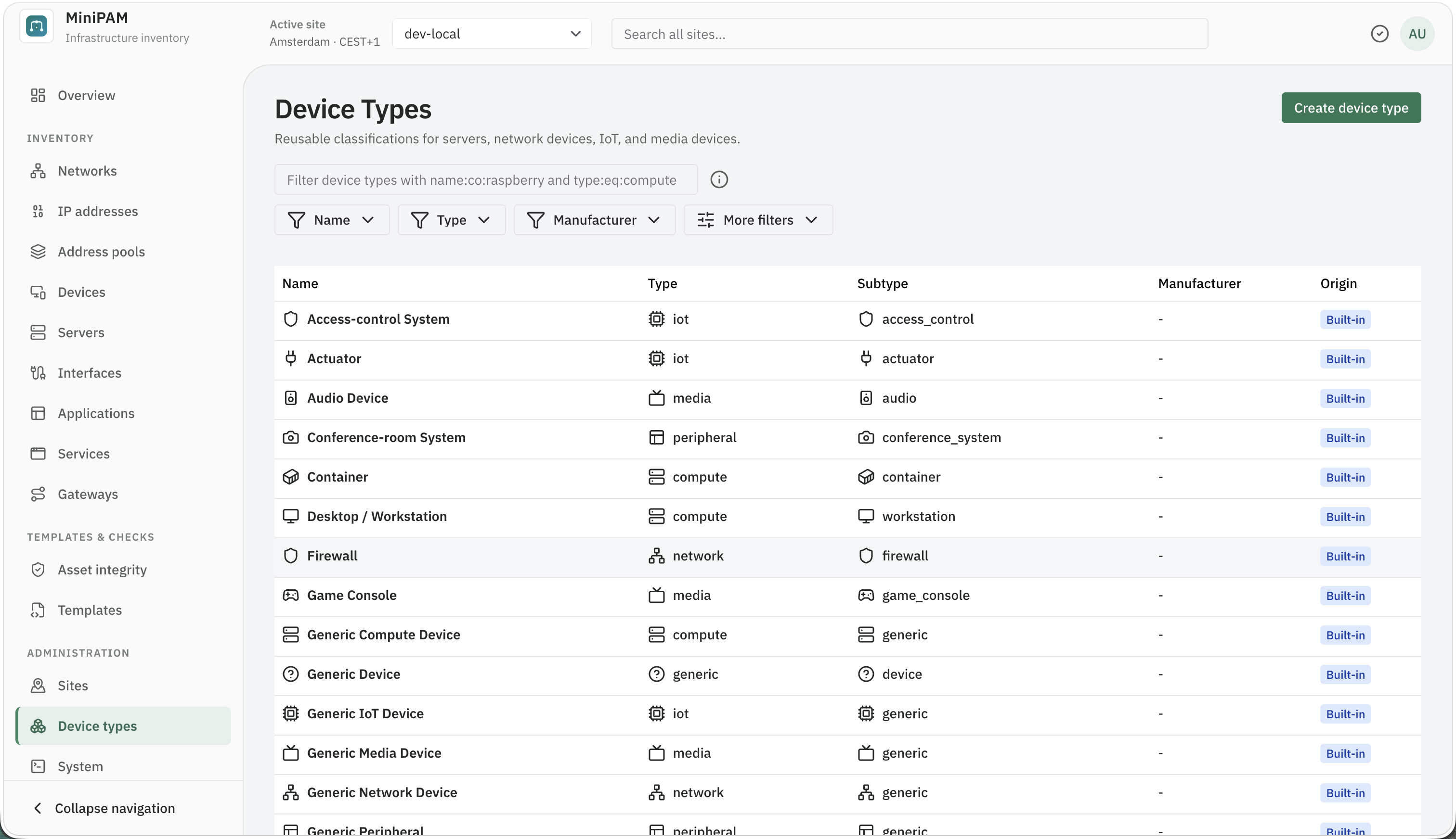 Device type catalog showing built-in and custom device types with their icons and categories
