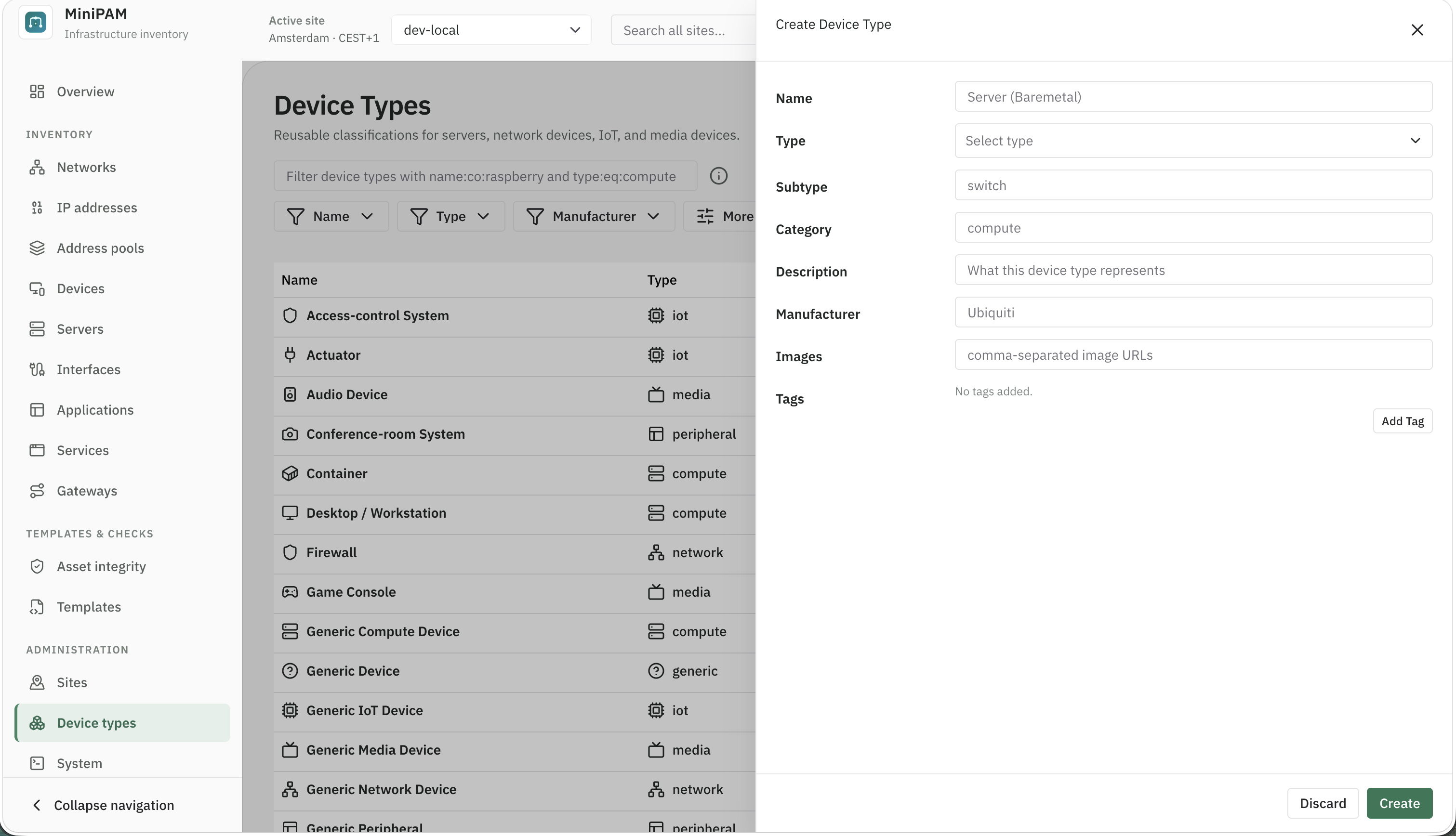 Add device type form with name, category, manufacturer, and icon