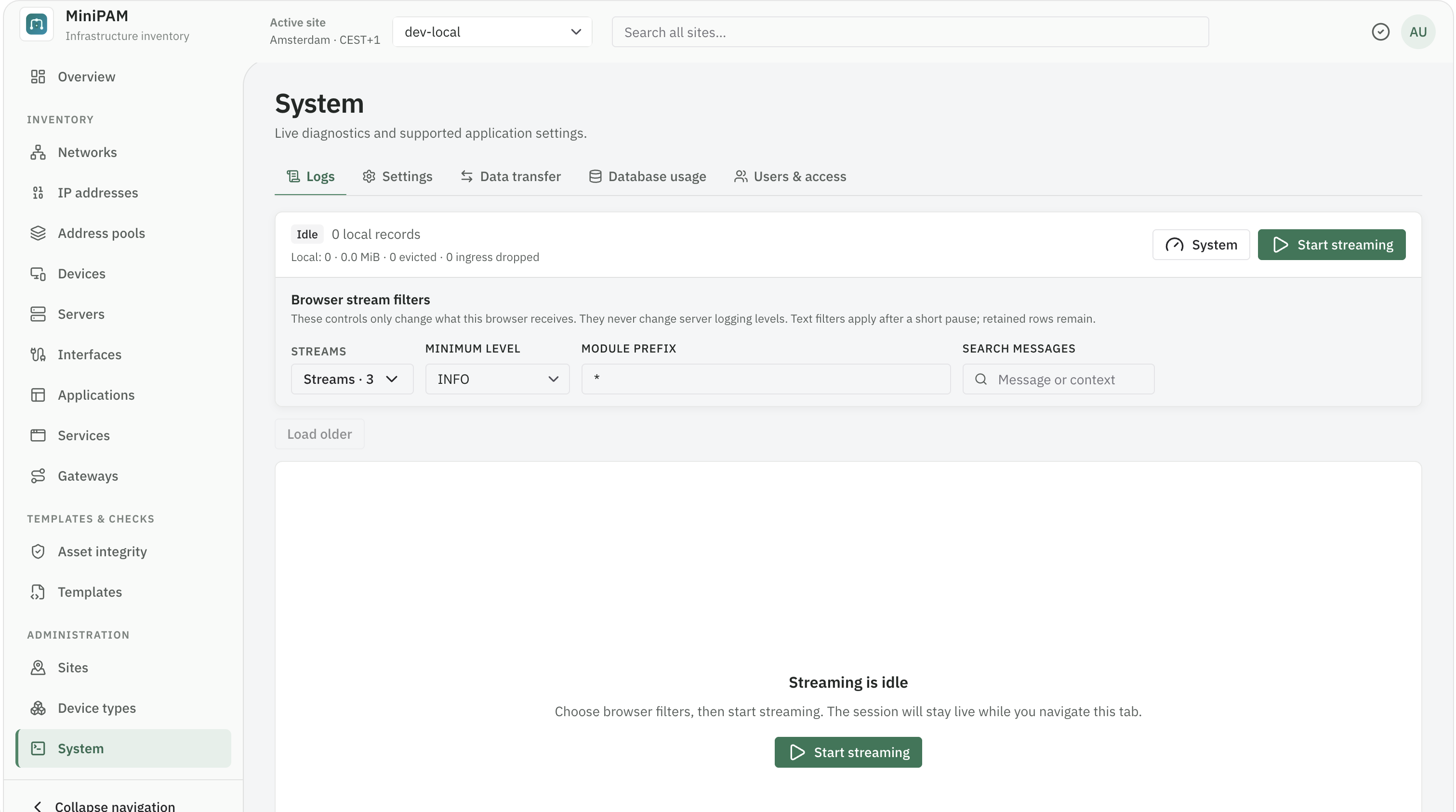 System logs page with stream, level, module, and text filters above the live log view