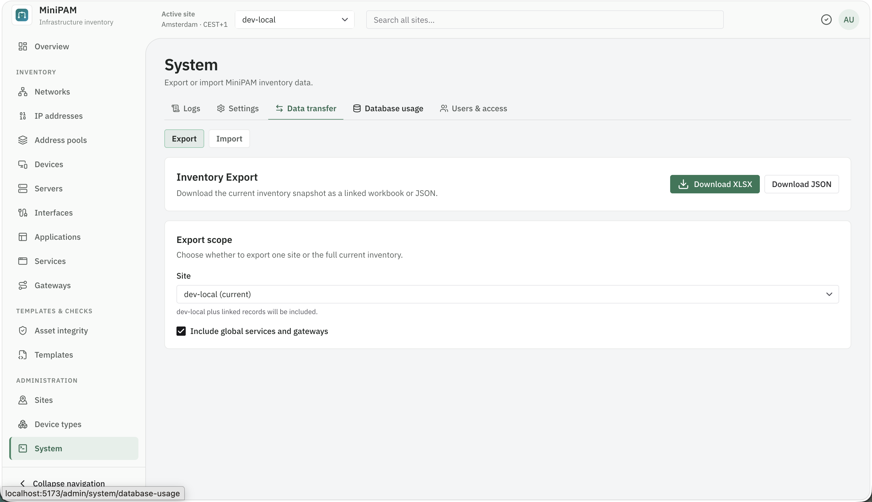 Data transfer page for exporting inventory or previewing an import