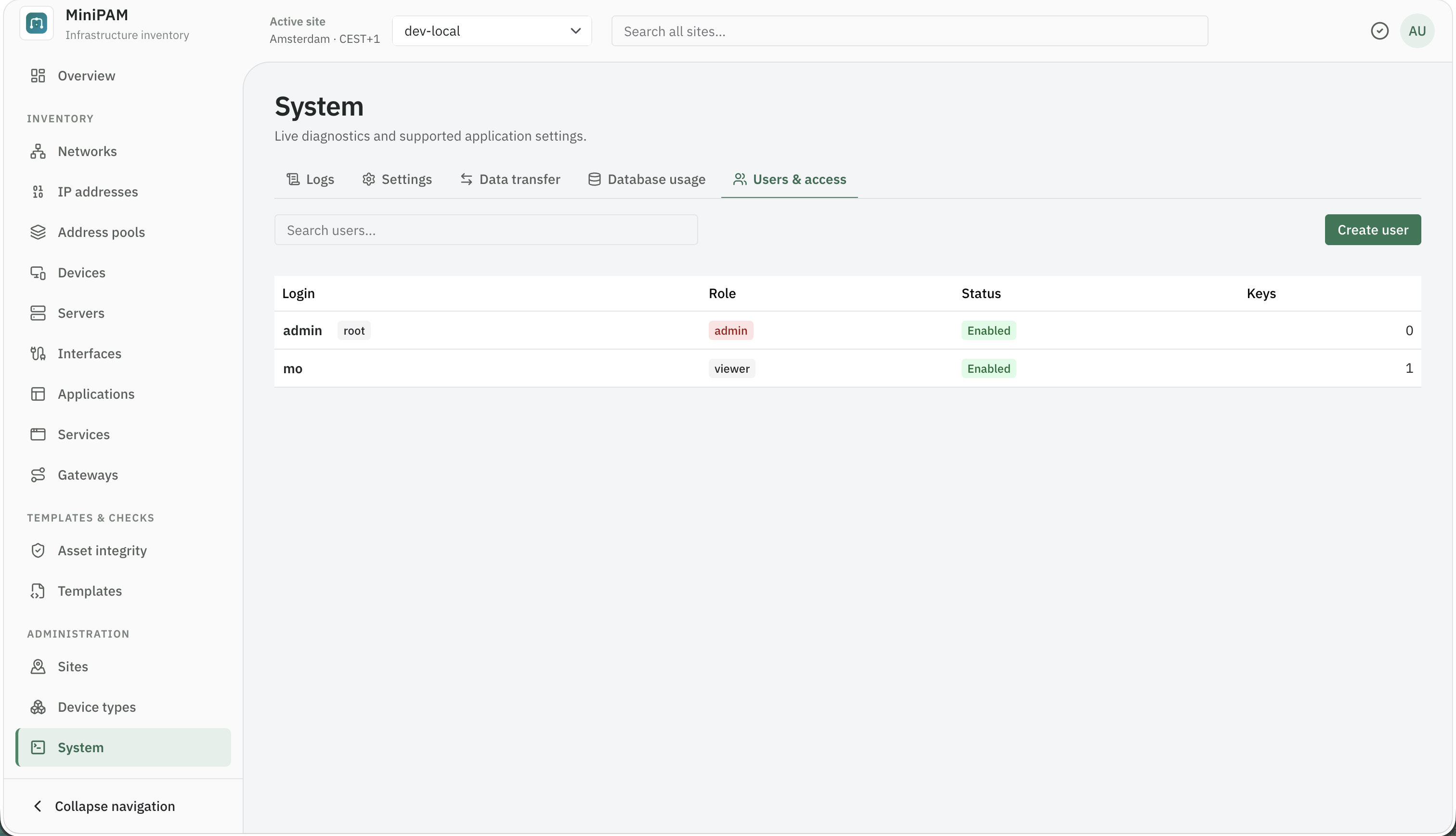 Users and access page listing users with their role, status, and API keys