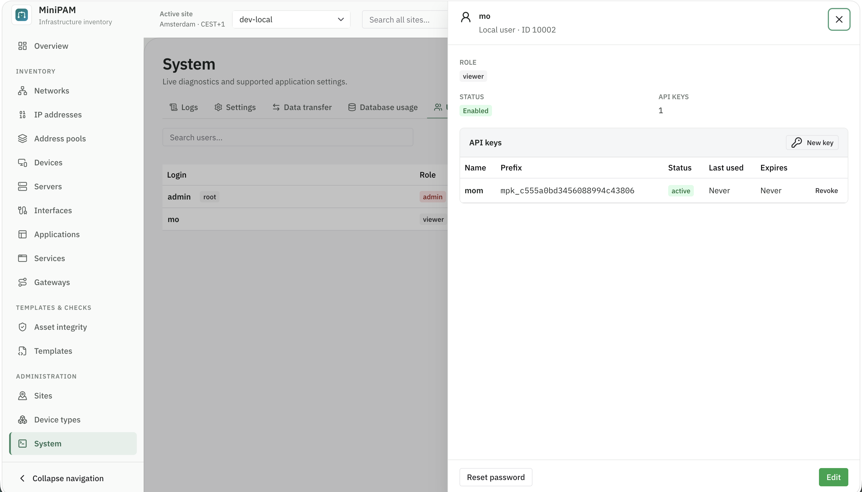New API key shown once with a copy button and a warning that it will not be shown again