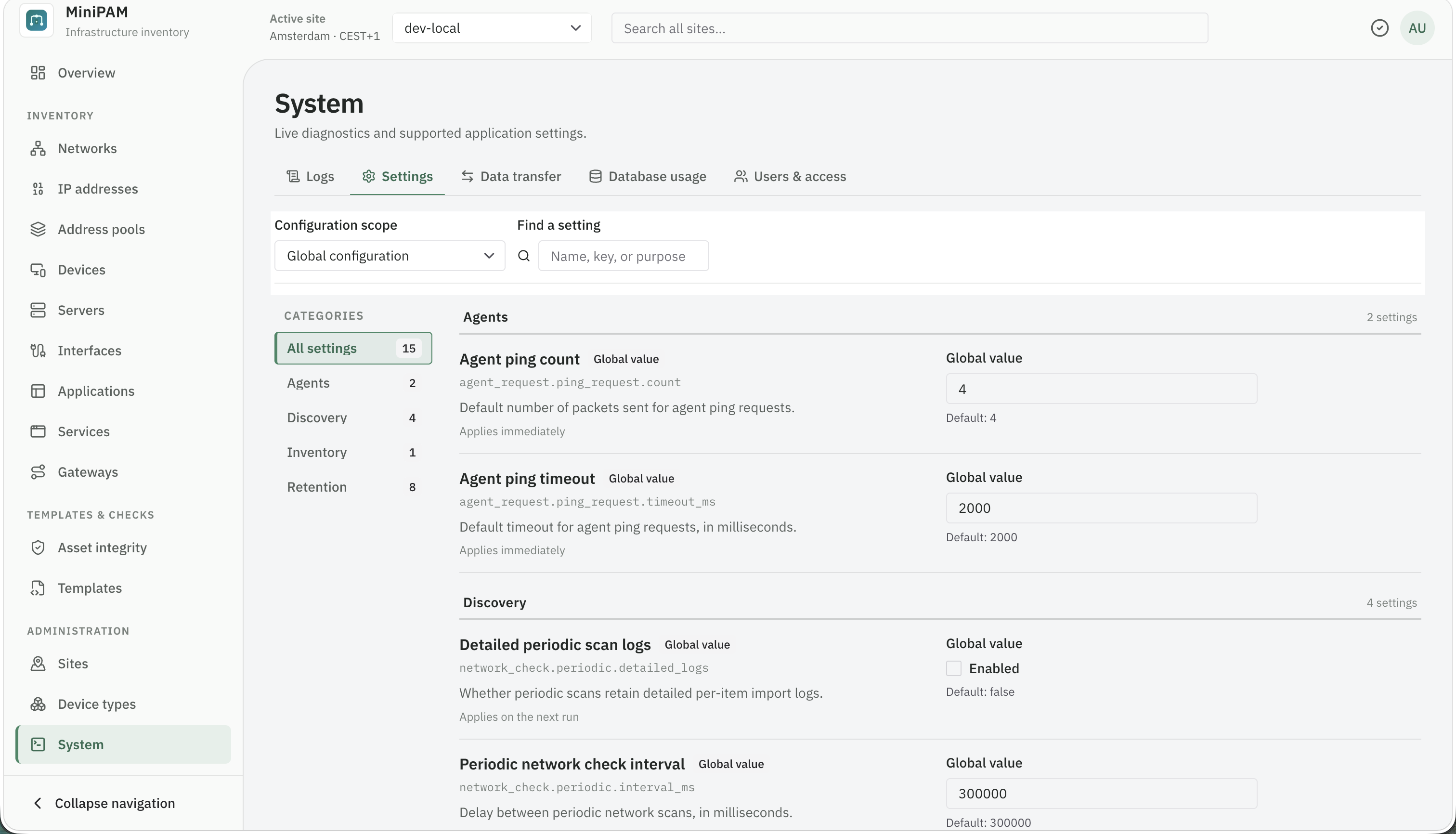 System settings page listing configurable values with their global and site scope